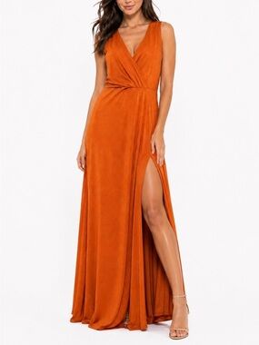 Ever Pretty Burnt Orange Maxi Dress 5X Ruched V-Neck Slit Formal Evening Gown